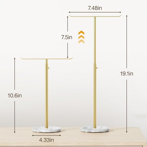 Gold Necklace Holder Jewelry Organizer Stand – Adjustable Height T‑Bar Jewelry Display with White Marble Base, Necklace & Bracelet Holder, Countertop Jewelry Stand - color: Gold & White