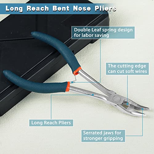 Long Reach Bent Nose Pliers for Jewelry Making 6 Inches Mini Bent Nose Pliers with Cutter Split Ring Jewelers Pliers Curved Needle Nose Pliers for Crafting and Repair Supplies - style: Bent Nose Pliers Serrated Jaws