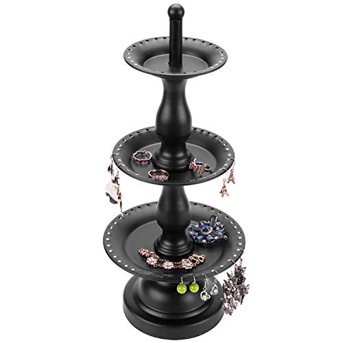 MyGift Earring Storage Rack Organizer, Metal Jewelry Tree, Necklace and Bracelet Hanger with Wooden Ring Tray Trinket Holder - Holds 68 Pairs of Earrings (Black-3-Tier) - color: Black-3-Tier