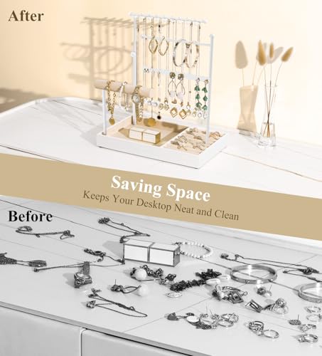 Emibele Jewelry Holder, Jewelry Organizer Stand Necklace Earring Bracelet Holder, 5 Tier Jewelry Display Tower Rack with Metal Frame and Velvet Ring Tray, Aesthetic Jewelry Stand Gift for Women, White - color: White