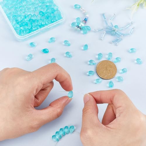 PH PandaHall 150Pcs Glow in The Dark Beads UV Glow Beads Fishing, 9x6mm Pale Turquoise Glass Teardrop Bead Frosted Bead Luminous Green Light in The Dark for Jewelry Making DIY Crafts