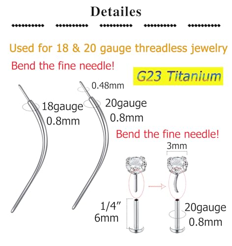 QWALIT Piercing Taper Threadless Insertion Tool - Titanium Labret Pin 16g, 18g, 20g - color: C1 - Titanium Curved 20g/18g