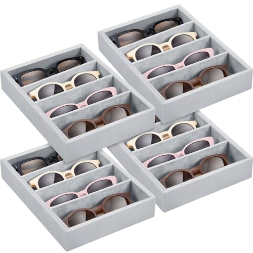 Amylove 4 Pcs Gray Sunglass Organizer Trays 4 Grids Velvet Glasses Holder Jewelry Display Organizer Eyeglasses Storage Box Drawer - color: Gray, size: 4 Grids