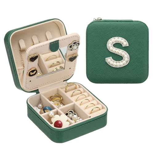 PATIKIL Travel Jewelry Case, S Initial Small Travel Jewelry Box Organizer Rings Earrings Storage Case Personalized Gifts for Women Girls Birthday Christmas Bridesmaid Gifts, Dark Green - style: S