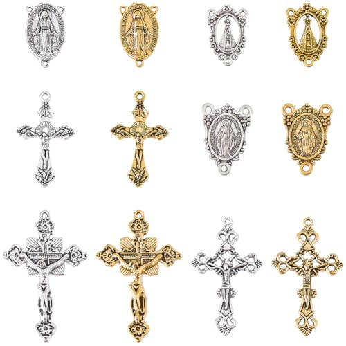 SUNNYCLUE 1 Box 48Pcs 12 Styles Rosary Cross and Centerpiece Rosary Crucifix Charms Tibetan Gold Silver Bronze Cross Amulet Chandelier Links Pendants for Jewelry Making DIY Necklace Bracelets Crafts - style: Rosary Charm 3