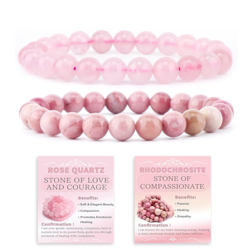NCB 2.3-Piece 4mm Natural Crystal Gemstone Stretch Bracelets – Handmade Reiki Energy Healing Jewelry for Meditation,Yoga, Unisex - color: 2PCS ( Pink Quartz+Rhodochrosite ), size: 8mm