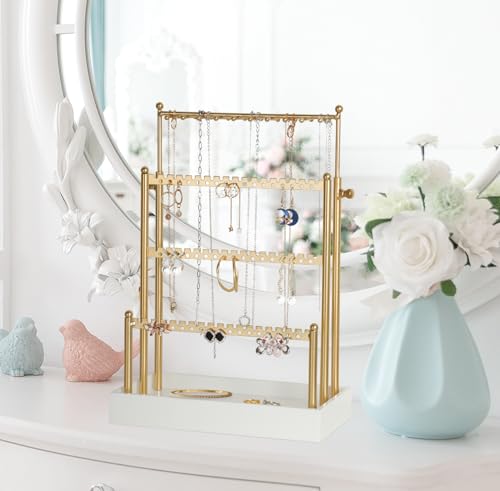 Tirzah 3-Tier Adjustable Earring Necklace Holder Organizer Stand, Gold Jewelry Display Tree with 105 Slots, 10 Double-Sided Hooks, White Tray for Women, Girls - color: Gold & White, for Necklace Earring