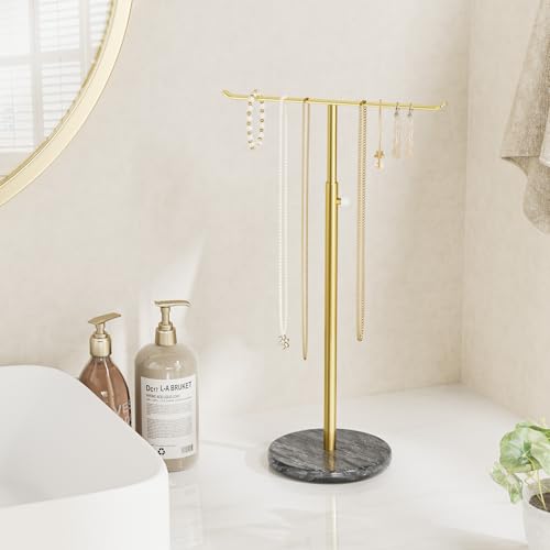 Gold Necklace Holder Jewelry Organizer Stand – Adjustable Height T‑Bar Jewelry Display with Dark Gray Marble Base, Necklace & Bracelet Holder, Countertop Jewelry Stand - color: Glod & Black