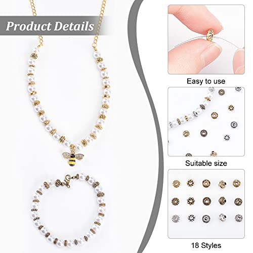 PH PandaHall 900pcs Metal Spacer Beads, 6 Style Tibetan Gear Bicone Flower Beads Alloy Jewelry Loose Beads for Bracelet Necklace Earring Jewelry Making(Antique Silver, Antique Bronze and Golden)