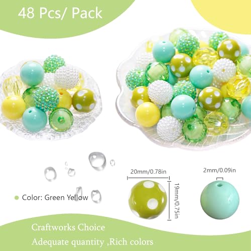 48 Pcs 20mm Beads for Pens Rhinestone Bubblegum Beads Mixed Crystal Acrylic Round Chunky Bead Sparkly Craft Large Balls Bead for Pen Beadable Keychain Bracelet Necklace DIY Jewelry Making Supplies - color: Green series