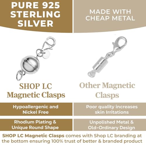 925 Sterling Silver Magnetic Necklace Clasp Rhodium Plated Round Magnetic Clasps for Necklaces Jewelry Lock with Lobster Clasp for Women Women 2.50 Grams Gifts - color: Silver