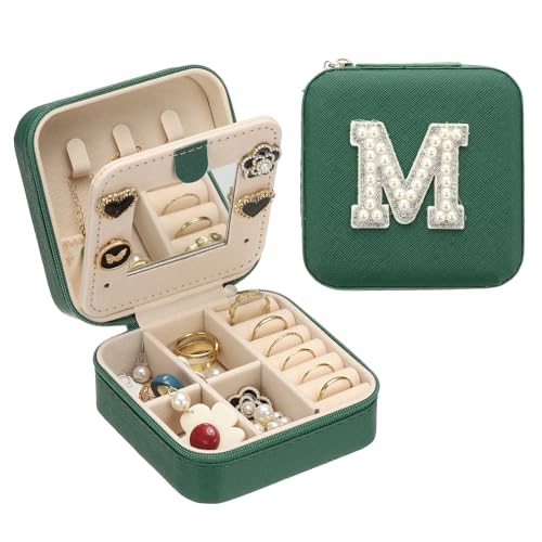 PATIKIL Travel Jewelry Case, M Initial Small Travel Jewelry Box Organizer Rings Earrings Storage Case Personalized Gifts for Women Girls Birthday Christmas Bridesmaid Gifts, Dark Green - style: M