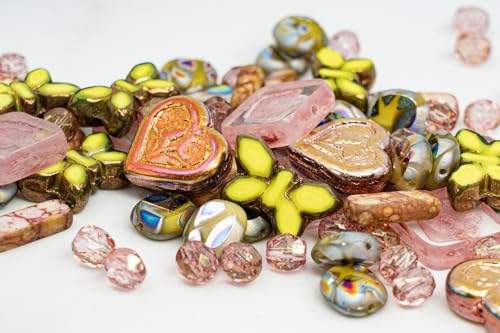 2.1oz (60g) of Focal Glass Bead Mix with Table-Cut Flower and Butterfly Beads, PG Pale Green Pink - color: Focal Pale Green pink