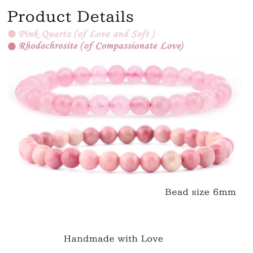 NCB 2.3-Piece 4mm Natural Crystal Gemstone Stretch Bracelets – Handmade Reiki Energy Healing Jewelry for Meditation,Yoga, Unisex - color: 2PCS ( Pink Quartz+Rhodochrosite ), size: 6mm