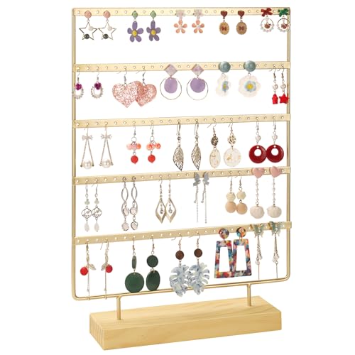 Jewelry Organizer, 5 Tiers Earring Organizer with 120 Holes for Storing and Displaying Earrings of Various Styles, Models and Sizes, Removable Wooden Base for Home and Store Use - color: Gold