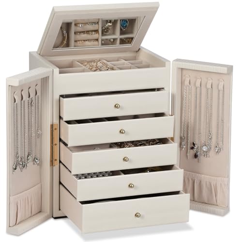 Dajasan Large Jewelry Organizer Box, Jewelry Boxes for Women Girls, 6-Tier Jewelry Storage Organizer with Mirror for Necklace Ring Bracelet Watch, Gift Idea (Beige) - color: Beige