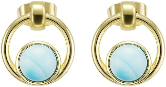 Larimar Stone Stud Earrings for Women, Gold Plated Brass