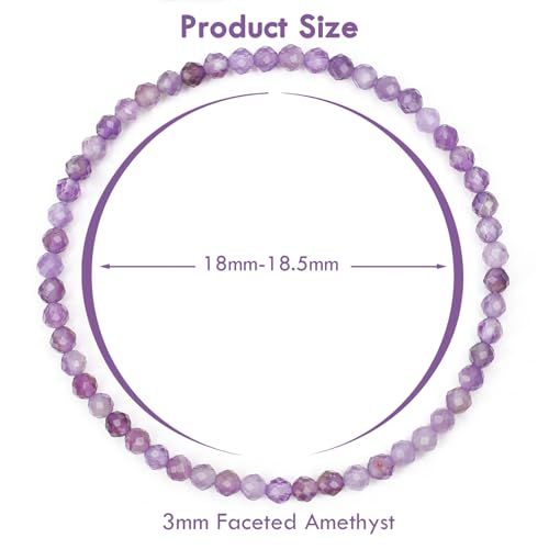 BONNY BOXX Natural Genuine Gemstone Faceted Round Beads Bracelets, 3mm Adjustable Stretchy Tiny Faceted Black Tourmaline Bracelet, Healing Crystal Reiki Chakra Dainty Jewelry Fashion Gifts - color: Amethyst