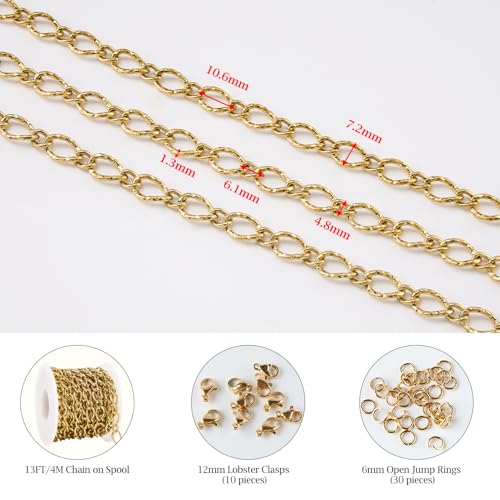 KYUNHOO 13 Feet Gold Plated Stainless Steel Bulk Chains for Jewelry Making Embossed Rhombic Chain Links with Lobster Clasps Jump Rings for Necklace DIY Supply Jewelry Findings - color: Twist Gold