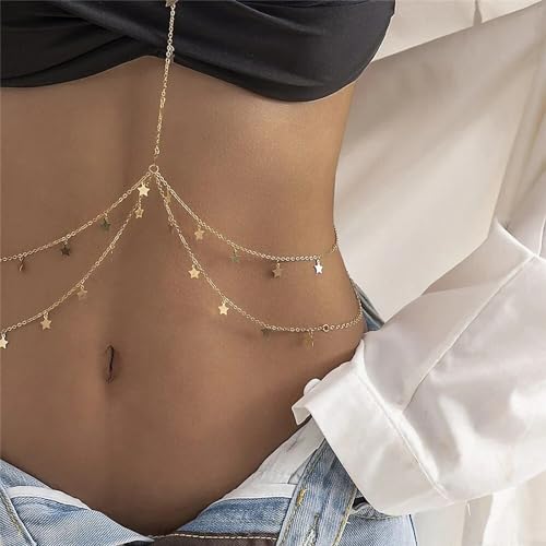 14K Gold Plated Body Chains for Women, Sexy Layered Belly Waist Chain Crossover Bikini Bra Chain, Summer Beach Rhinestone Body Jewelry - style: Gold Stars