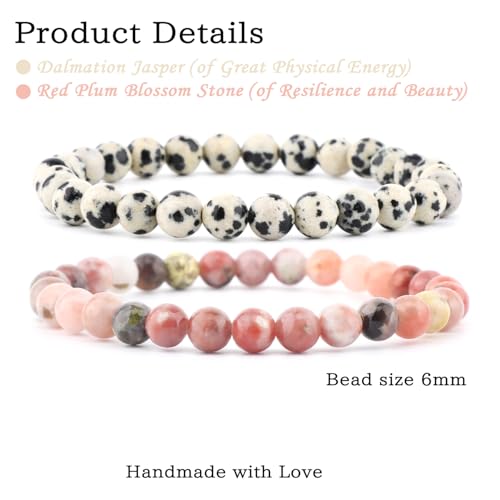 NCB 2.3-Piece 4mm Natural Crystal Gemstone Stretch Bracelets – Handmade Reiki Energy Healing Jewelry for Meditation,Yoga, Unisex - color: 2PCS ( Dalmation Jasper+Red Plum Blossom Stone ), size: 6mm