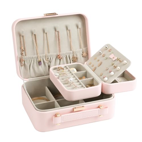 Large Jewelry Travel Organizer, Large Travel Jewelry Box with Removable Jewelry Tray, 2-Layer Jewelry Boxes for Women, Pink - color: A Gentle Pink