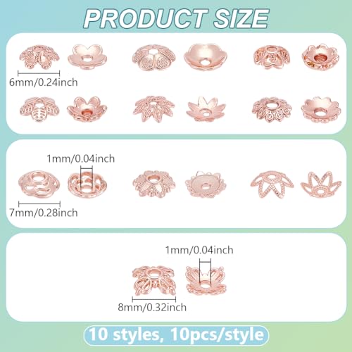 PH PandaHall 100pcs 10 Styles Bead Caps Flower Bead Caps 6/7/8mm Spacer Beads Flower Bracelet Beads Flat Spacers Rose Gold Brass Bead for Jewellery Making Friendship Bracelet Making DIY Crafts - color: Rose Gold