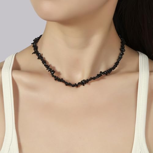 Raw Crystal Necklaces for Women 5-8mm Handmade Natural Stone Necklace Beaded Choker Necklace Healing Crystal Necklace Gemstone Necklace Raw Crystal Beaded Necklace for Her - style: Obsidian