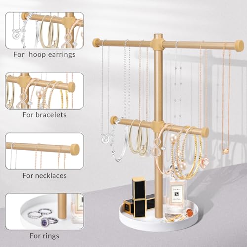 bodkar 2 Tier Gold Jewelry Display Holder, Necklace and Bracelet Hanging Organizer, Metal Tower Stand for Bangles, Necklaces, Rings, Earrings and Watch - color: 2 tier Gold