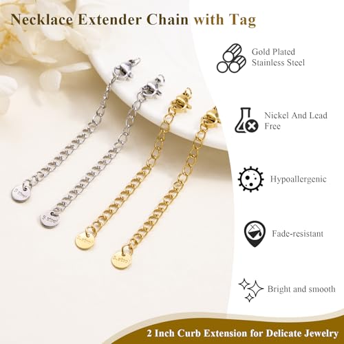 20PCS Stainless Steel Curb Chain Extender Gold and Silver Necklace Extenders 2 Inch Necklaces Bracelet Anklet Extension for Jewelry Making Supplies - color: Circular