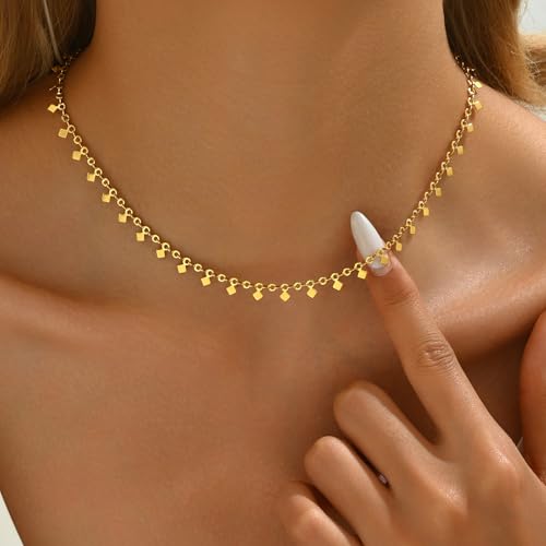Gold Chain Necklace for Women 18K Gold Plated Dainty Star Cross Heart Cuabn Choker Chains Stainless Steel Trendy Jewelry Christmas Gifts - color: Tiny Square