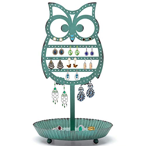 NIKKY HOME Earring Holder Stand Hanging Organizer Metal Jewelry Tree Cute Owl Ear Stud Holder Table Top Tower Rack with Ring Tray for Women Girls (134 Holes), Teal - color: Teal