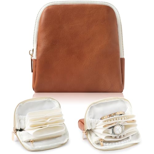 Genuine Leather Travel Jewelry Organizer Case Pouch Bags with Zipper, Small Mini Portable Jewelry Storage Bag for Ring Earrings Necklace Bracelet Travel Essentials Gift for Women（Brown） - color: Oil Waxed Vintage Brown