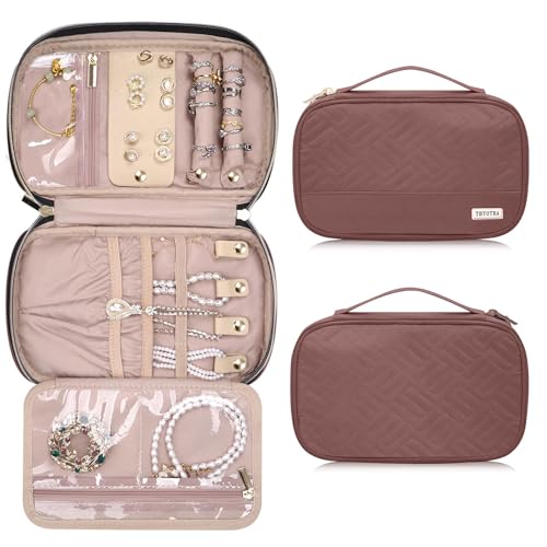 Jewelry Travel Case Organizer for Necklaces, Earrings, Rings, Bracelet, Watch, Soft Sided, Red Sandalwood - color: Rosewood Pink