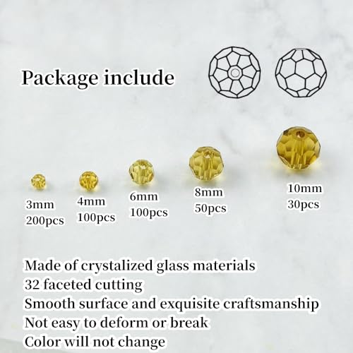 480pcs Crystal Glass Beads 3mm 4mm 6mm 8mm 10mm Round Faceted Glass Spacer Beads for Bracelets Necklace Earring DIY Jewelry Making Craft(Light Yellow) - color: Light Yellow