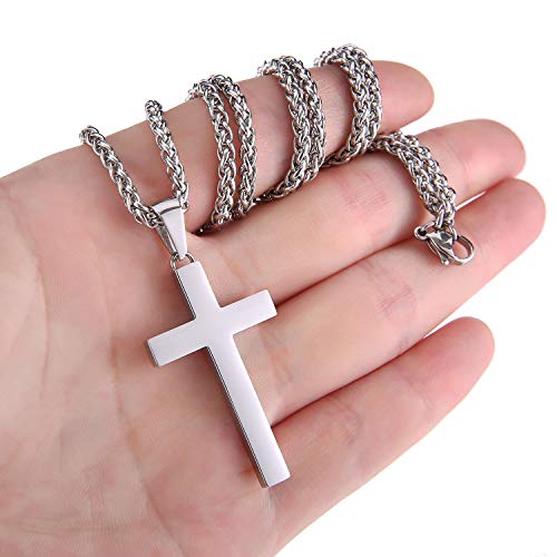 P. BLAKE Stainless Steel Cross Pendant Necklace for Men Boys, Christian Cross Pendant with 16-24 Inches Chain Cross Necklace Jewelry Gifts - size: 24 inches, style: Silver Pendant 1.7*0.9