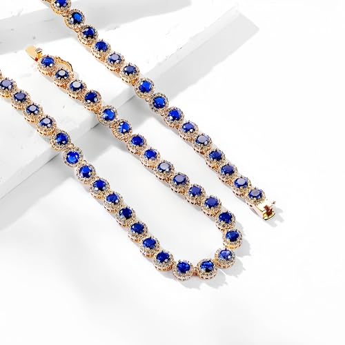 Gemsme 18K White Gold Plated Halo Necklace 5.0mm Round Cubic Zirconia Classic Tennis Necklace - color: Yellow Gold - Blue, size: 22 inch