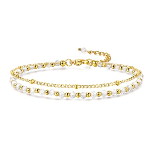 Peridot Stand Silver Gold Bracelets, Handmade Birthstone Stack Bracelet Crystal Gemstones Bead Chain Gift for Women, 8" - color: White Zircon