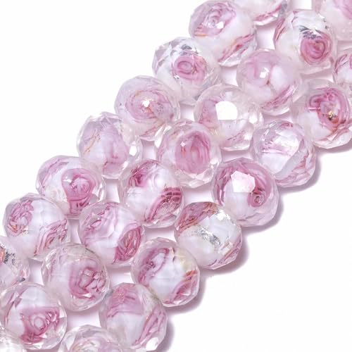 7.5×10mm 50pcs White Pink Flower Faceted Lampwork Glass Beads for Jewelry Making, Flat Round Handmade Murano Beads for Bracelets, Crafts, Friendship Bracelet Kit, Rosary Making - color: White Pink Flower