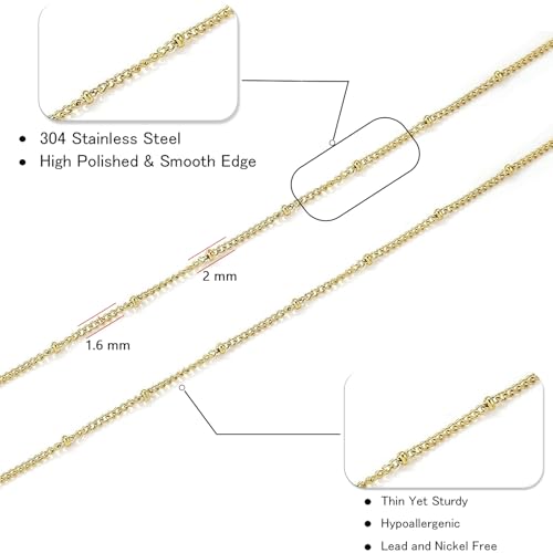 16Ft Stainless Steel Bead Chain for Jewelry Making, 1.6mm Thin Gold Plated Ball Beaded Cable Link Chains Roll for DIY Necklace Bracelet Jewelry Making Supplies with Lobster Clasps Soft Tape Measure - color: Cross Bead Gold