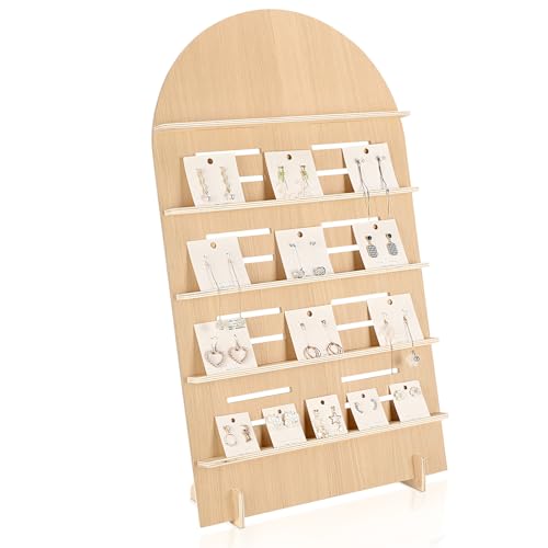 DoubleFill 5 Tier Wooden Earring Display for Vendor Arch Jewelry Display Stand Rack with Adjustable Height for Retail Selling - color: Wood Color