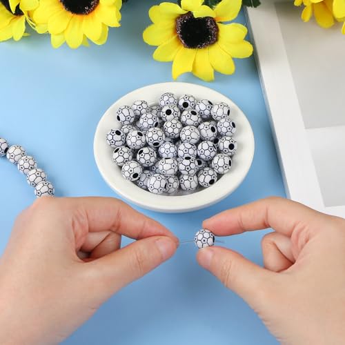 100pcs Soccer Beads with 5.5 Yard Elastic Rope,Acrylic Sports Beads DIY Spacer Bead for Necklace Bracelet Keychains Handmade Jewelry Making Accessories Craft Supplies,12mm(Soccer) - color: Soccer