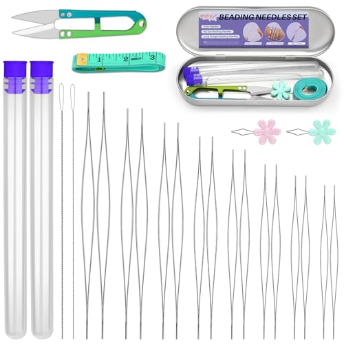 UOOU 32 Pcs Beading Needles Set, 8 Sizes Big Eye Bead Needles, Twist Beading Needles for Seed Beads, Jewelry Making - color: Silver-32 Pcs