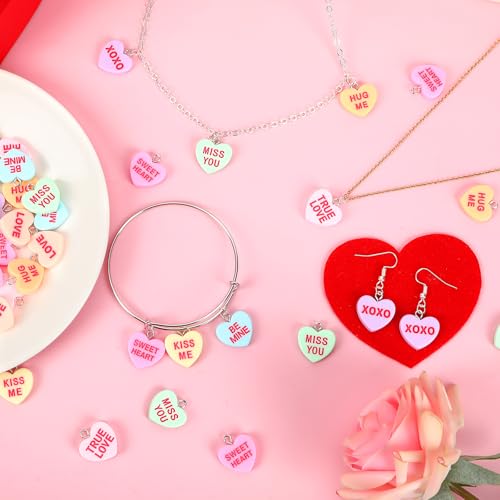 Augshy 64 Pcs Valentine Heart Charms Conversation Heart Resin Charms Conversation Heart Beads Flat Heart Pendant for Valentine's Day DIY Craft Bracelet Necklace Jewelry Making - style: Valentine Style