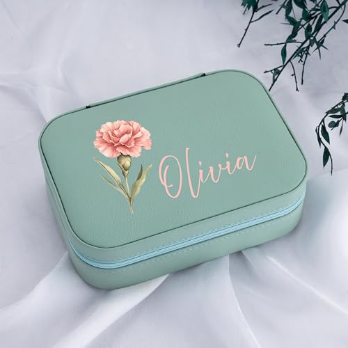 Custom Leather Jewelry Box with Name & Birth Flower Month, Birthday Gifts for Women, Personalized Jewelry Travel Case - Customized Jewelry Organizer Box, Mom Birthday Gifts, White - color: White