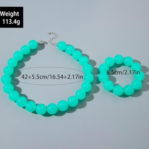 Colorful Chunky Beaded Necklace for Women Acrylic Bead Choker Necklaces Fashion Large Round Beads Necklaces for Women Handmade Summer Jewelry - color: Cyan bracelet + necklace