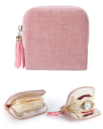 COOLYOUTH Travel Jewelry Case Organizer for Women Portable Jewelry Box with Small Pouches Mini Jewelry Bag for Rings, Bracelets, & Bangles with Smooth Metal Zipper (Pink) - color: Pink