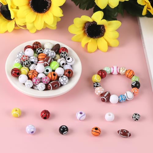 100 Pcs Sports Ball Beads Bulk with 5.5 Yard Elastic Rope,Acrylic Softball American Football Basketball Volleyball Baseball Tennis Beads for DIY Bracelet Necklace Keychain Jewelry Making Accessories - color: Mixed