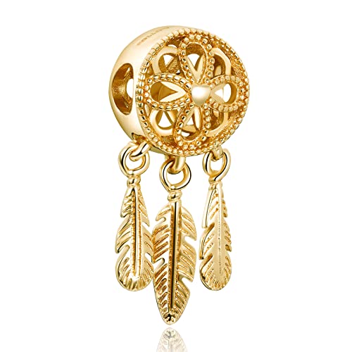 S925 Bead Dangle Charms for Bracelets Necklaces, Compatible with Pandora - style: Gold Dreamcatcher Charm