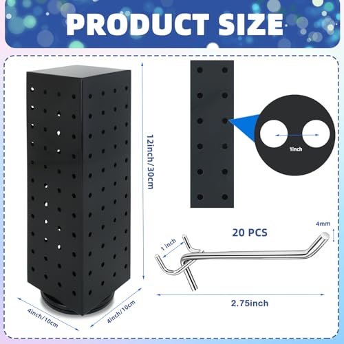 Rotating Pegboard Stand with 20 Peg Hooks 4-Sided Pegboard Spinning Display Stand 4 x 4 x 12 Inches, Keychain Display Stand for Retail Display, Earring Display (Black) - color: Black